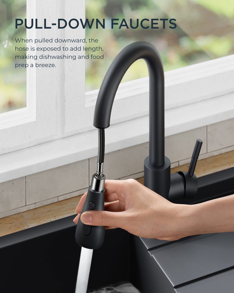 FORIOUS Black Kitchen Faucet with Pull Down Sprayer, High Arc Single Handle Classic Stainless Steel Sink Faucet 1 or 3 Hole, Suitable for Farmhouse Camper Laundry Rv Bar - Image 2